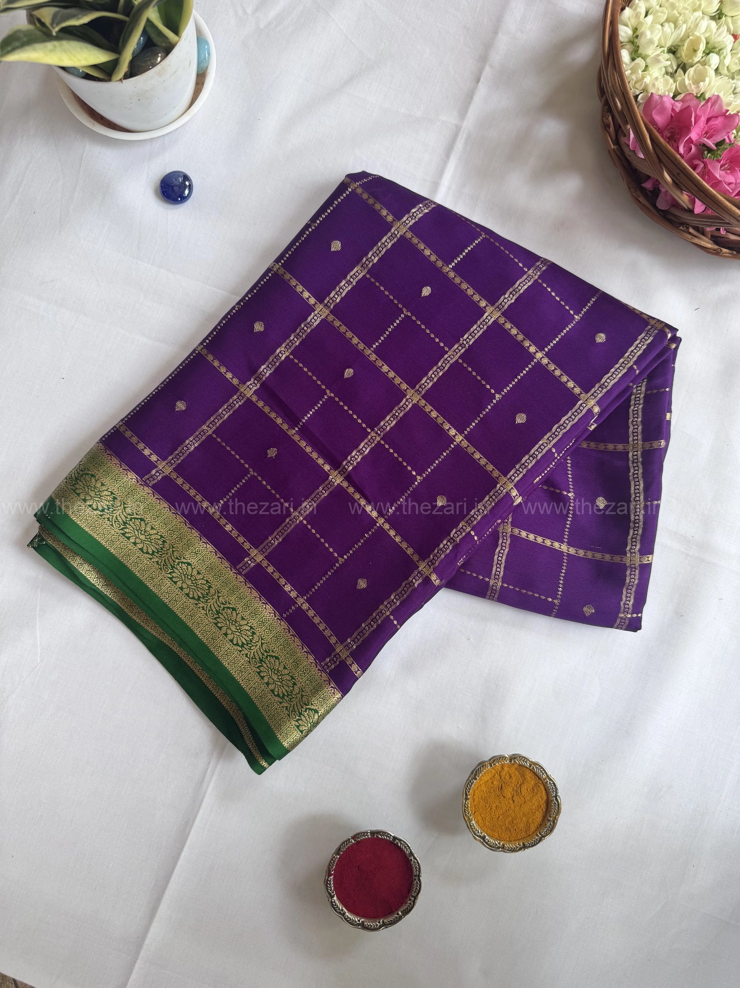 Mysore crepe silk saree in Rectangle and square  Checks with butta Purple and green 150 GSM