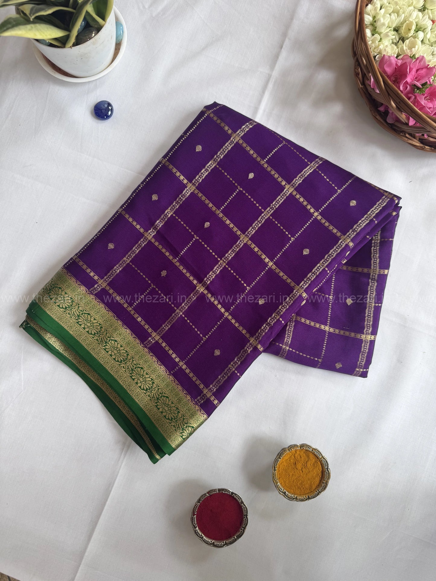 Mysore crepe silk saree in Rectangle and square  Checks with butta Purple and green 150 GSM