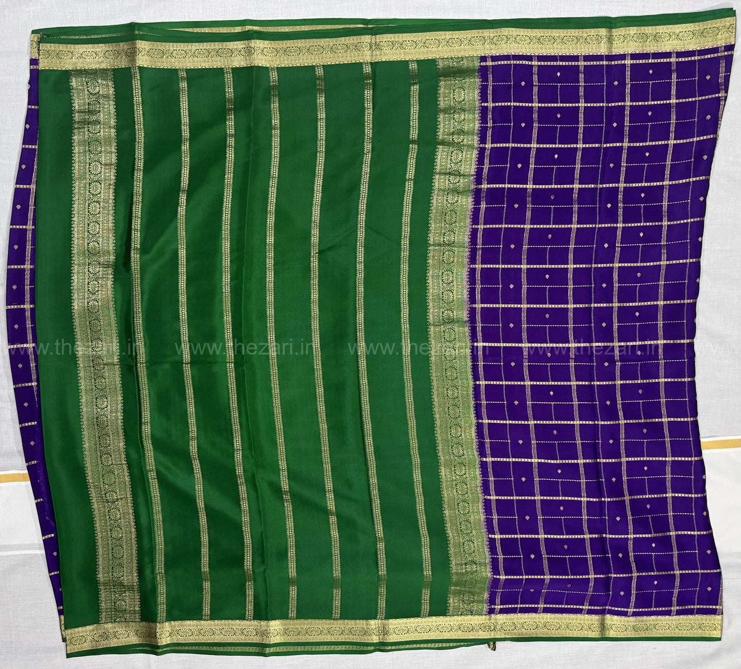Mysore crepe silk saree in Rectangle and square  Checks with butta Purple and green 150 GSM