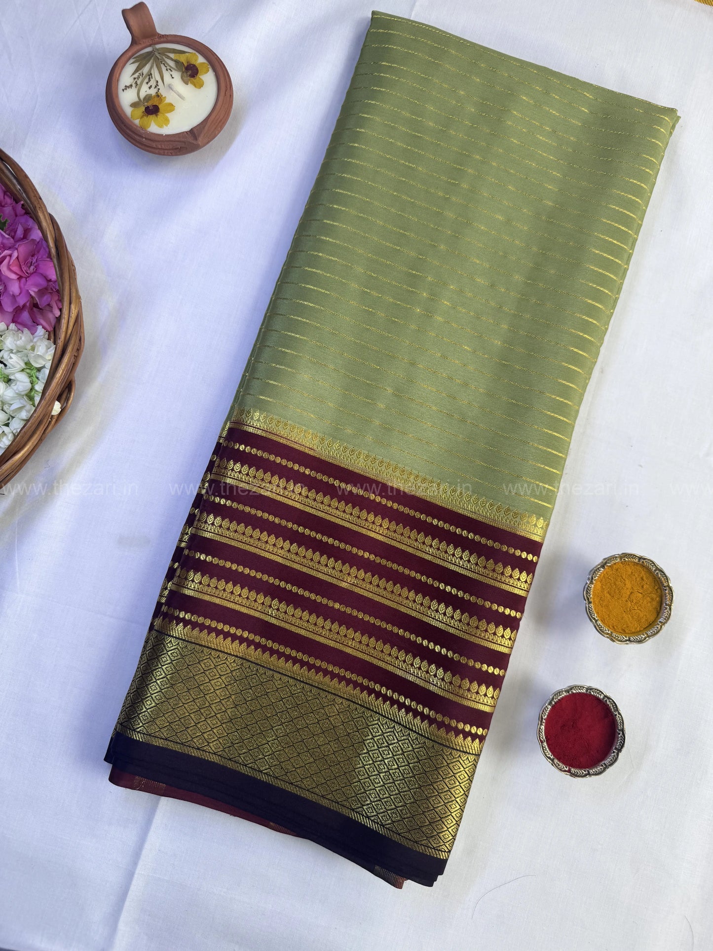 Mysore crepe silk saree in  Four lines full salaree 150 GSM - Olive Green and Maroon