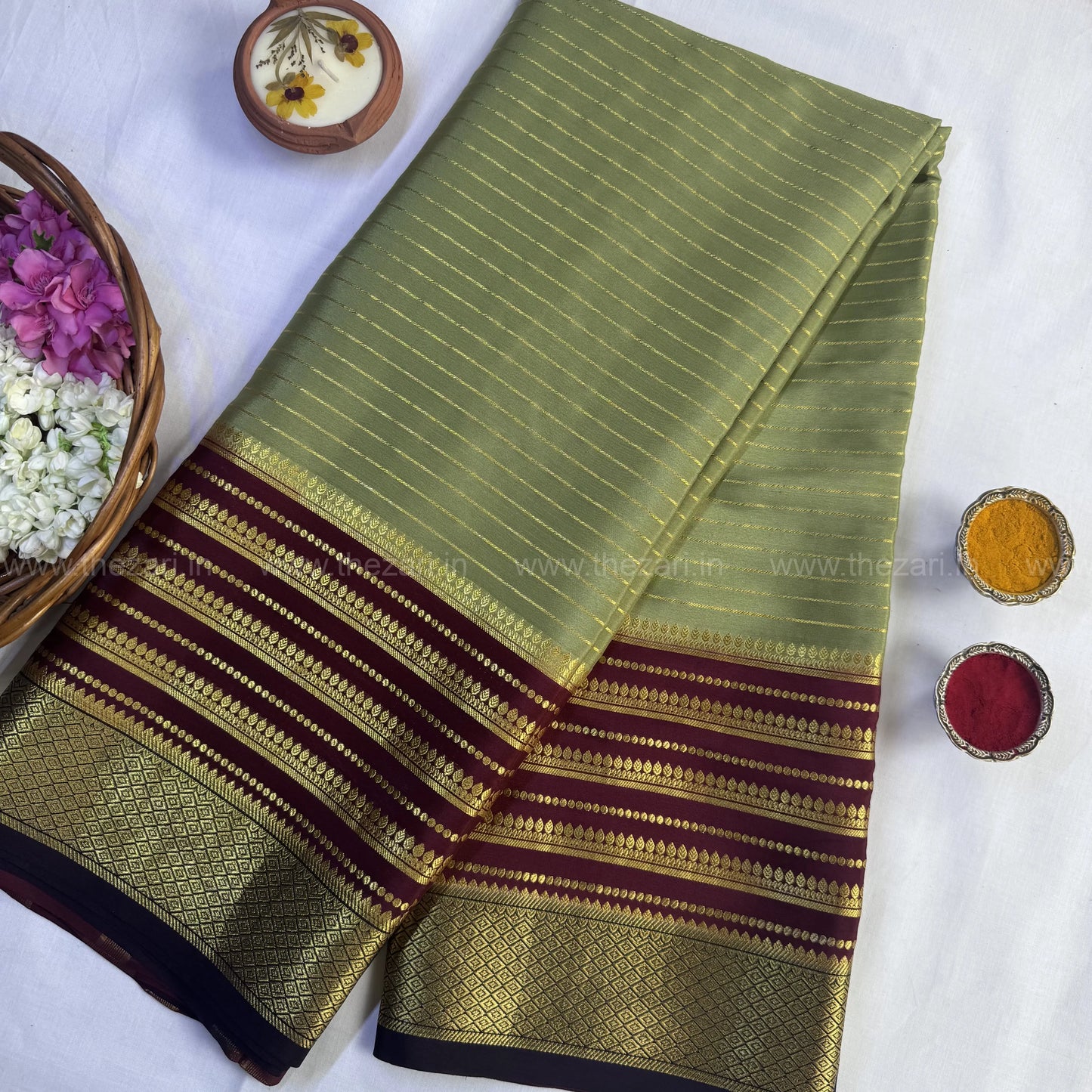 Mysore crepe silk saree in  Four lines full salaree 150 GSM - Olive Green and Maroon