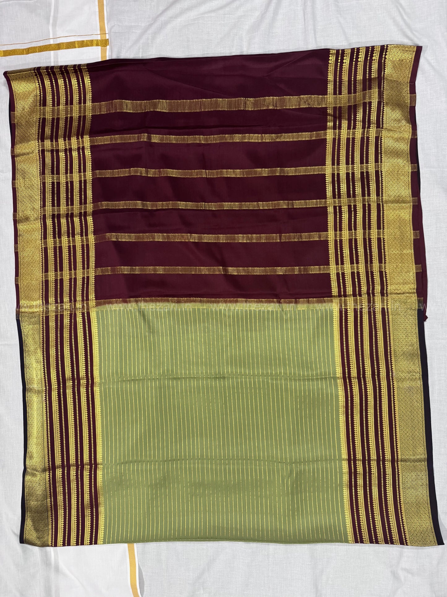 Mysore crepe silk saree in  Four lines full salaree 150 GSM - Olive Green and Maroon