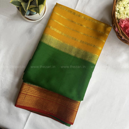 Mysore crepe silk saree in  pallu with butta center salaree Green and Yellow 150 GSM