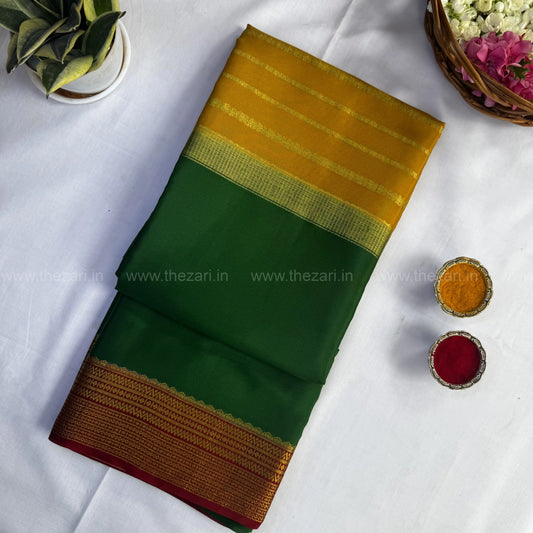 Mysore crepe silk saree in  pallu with butta center salaree Green and Yellow 150 GSM