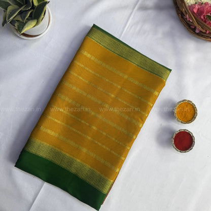 Mysore crepe silk saree in  pallu with butta center salaree Green and Yellow 150 GSM