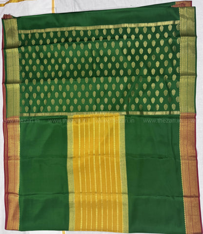 Mysore crepe silk saree in  pallu with butta center salaree Green and Yellow 150 GSM