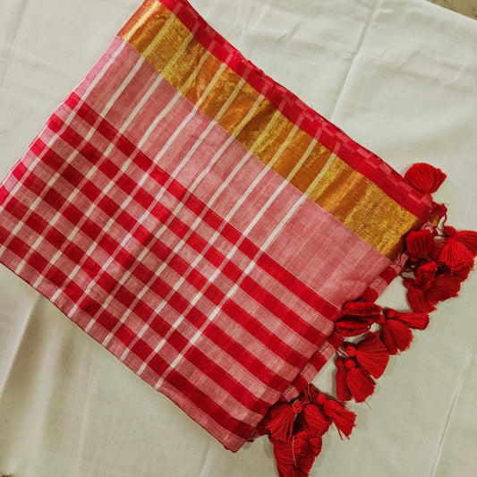 Nadiya Red Checks Mul Cotton 120 Count Saree