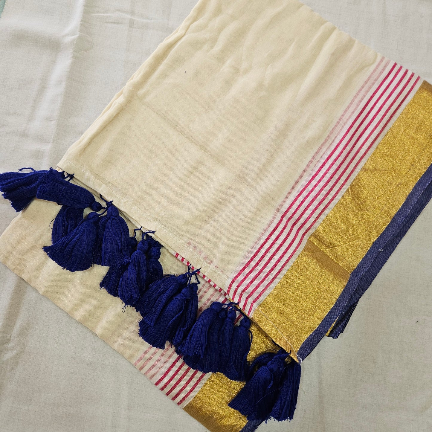 Navy Blue with Pink Lines Mul Cotton 120 Count Saree