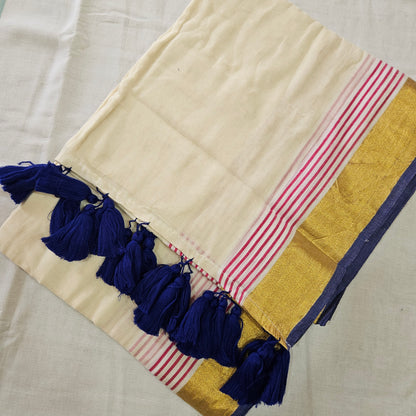 Navy Blue with Pink Lines Mul Cotton 120 Count Saree