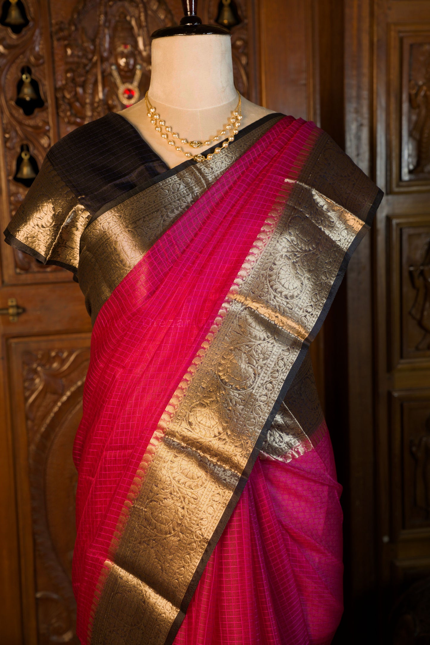 Organza Checked pink saree