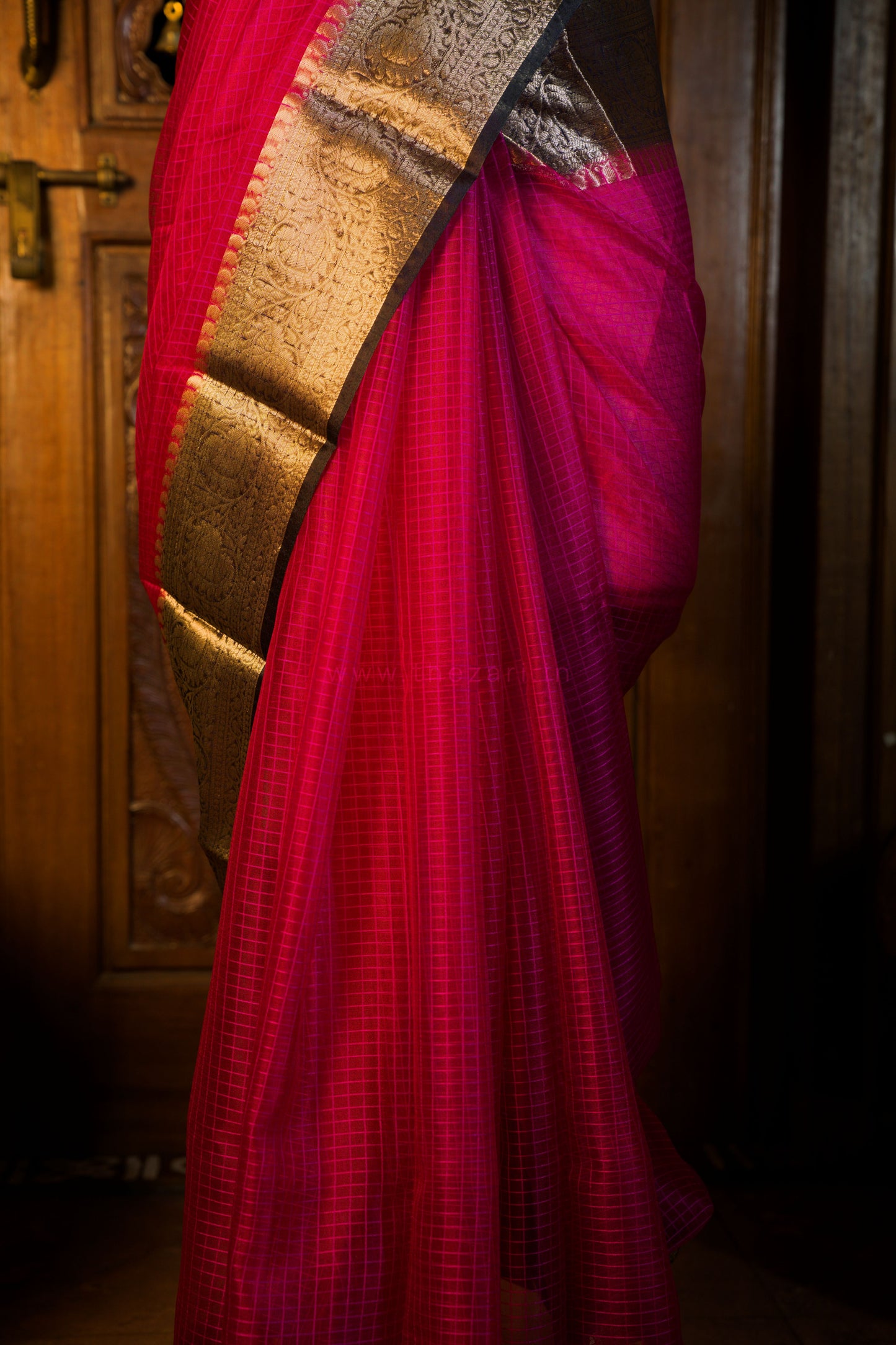 Organza Checked pink saree