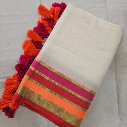 Pink Red and Orange Border Mul Cotton 120 Count Saree