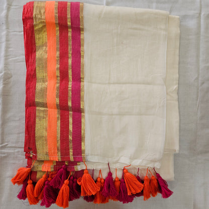 Pink Red and Orange Border Mul Cotton 120 Count Saree