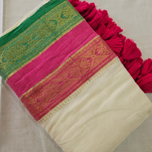 Pink and Green Kanchi Border Mul Cotton 120 Count Saree