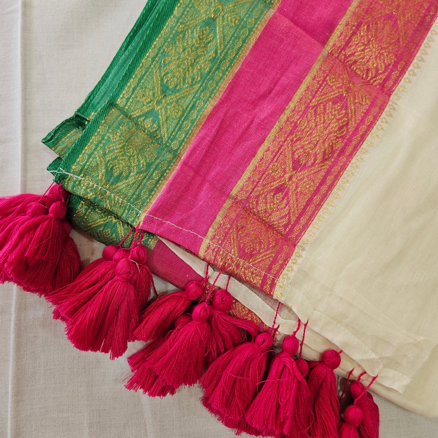 Pink and Green Kanchi Border Mul Cotton 120 Count Saree