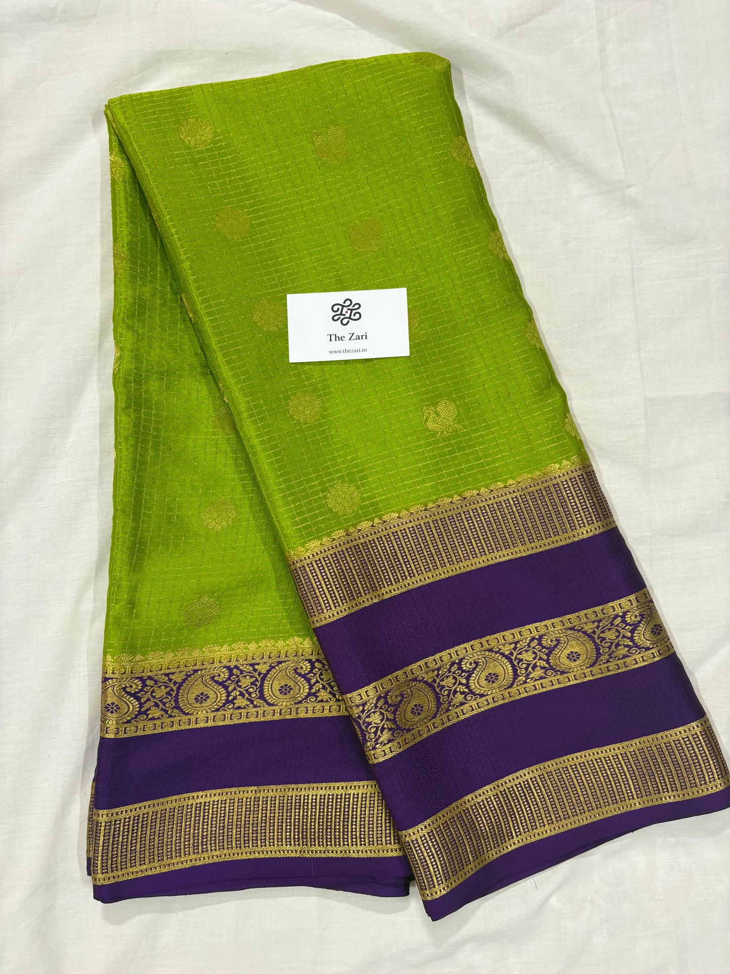 Pure Mysore Silk Saree in Checks with Peacock Buttas 120GSM