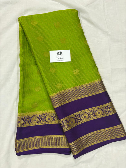 Pure Mysore Silk Saree in Checks with Peacock Buttas 120GSM