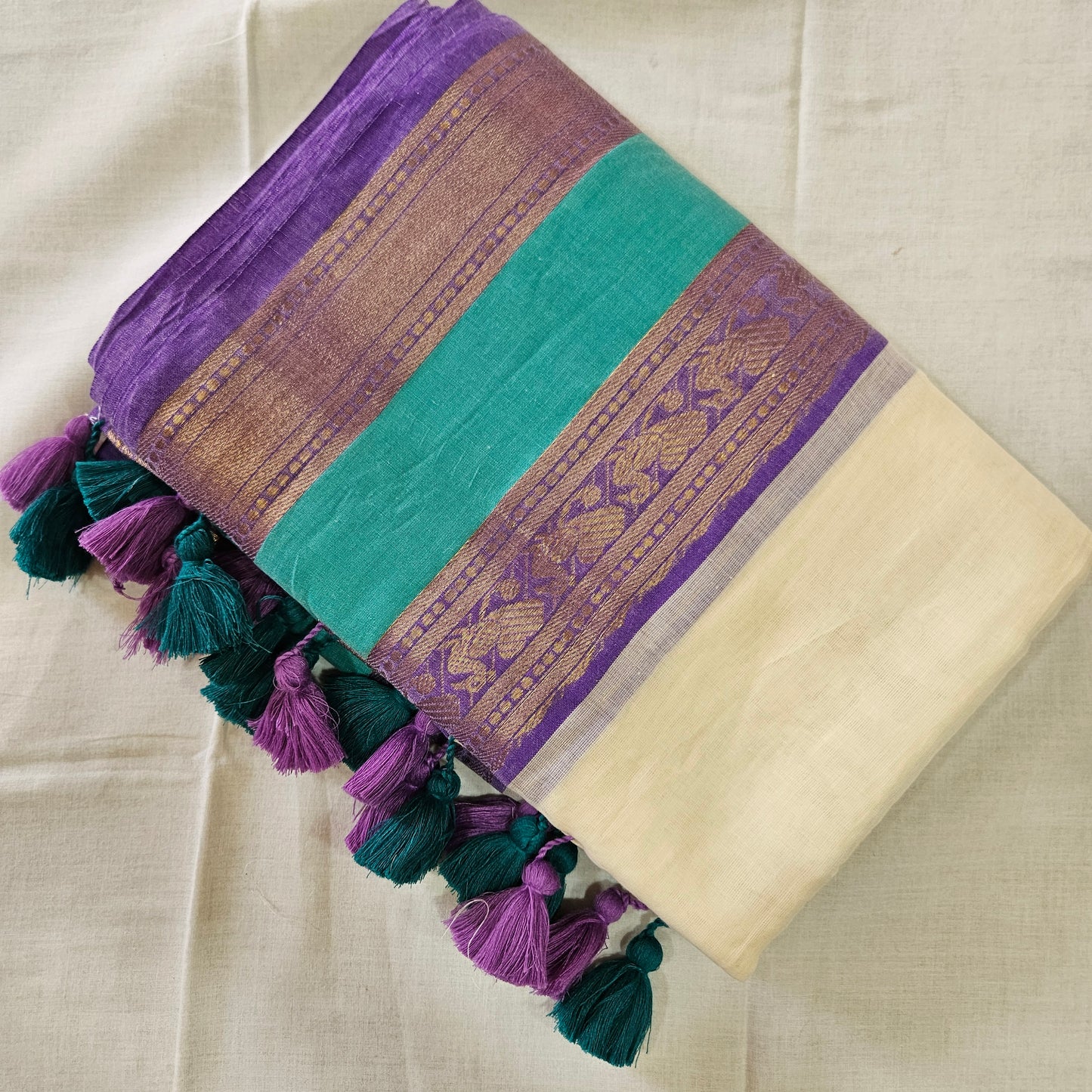Rama Blue (Teal Blue) Kanchi Border Mul Cotton 120 Count Saree