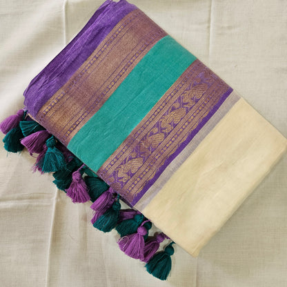 Rama Blue (Teal Blue) Kanchi Border Mul Cotton 120 Count Saree