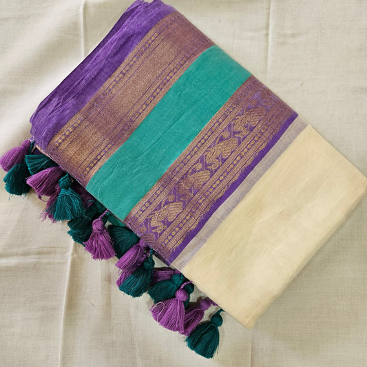 Rama Blue (Teal Blue) Kanchi Border Mul Cotton 120 Count Saree