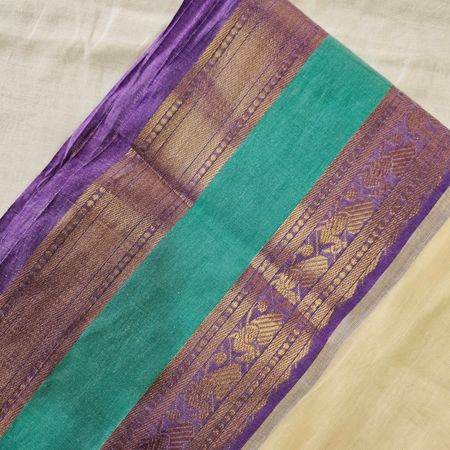 Rama Blue (Teal Blue) Kanchi Border Mul Cotton 120 Count Saree