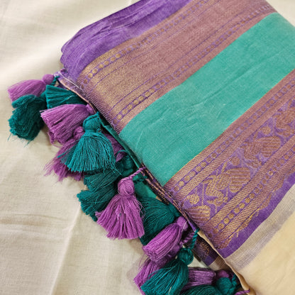 Rama Blue (Teal Blue) Kanchi Border Mul Cotton 120 Count Saree