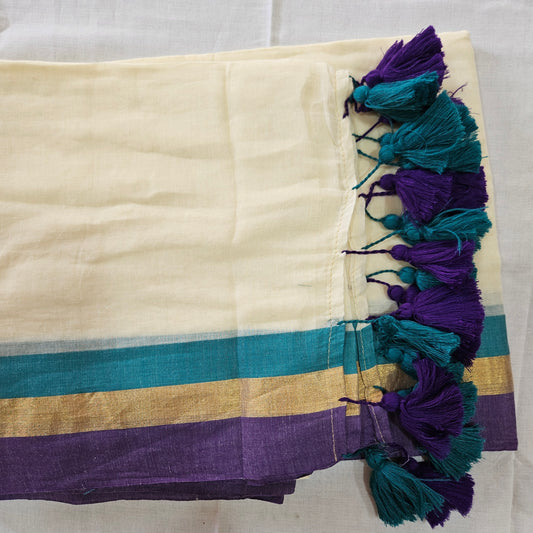 Rama Blue and Purple Border Mul Cotton 120 Count Saree