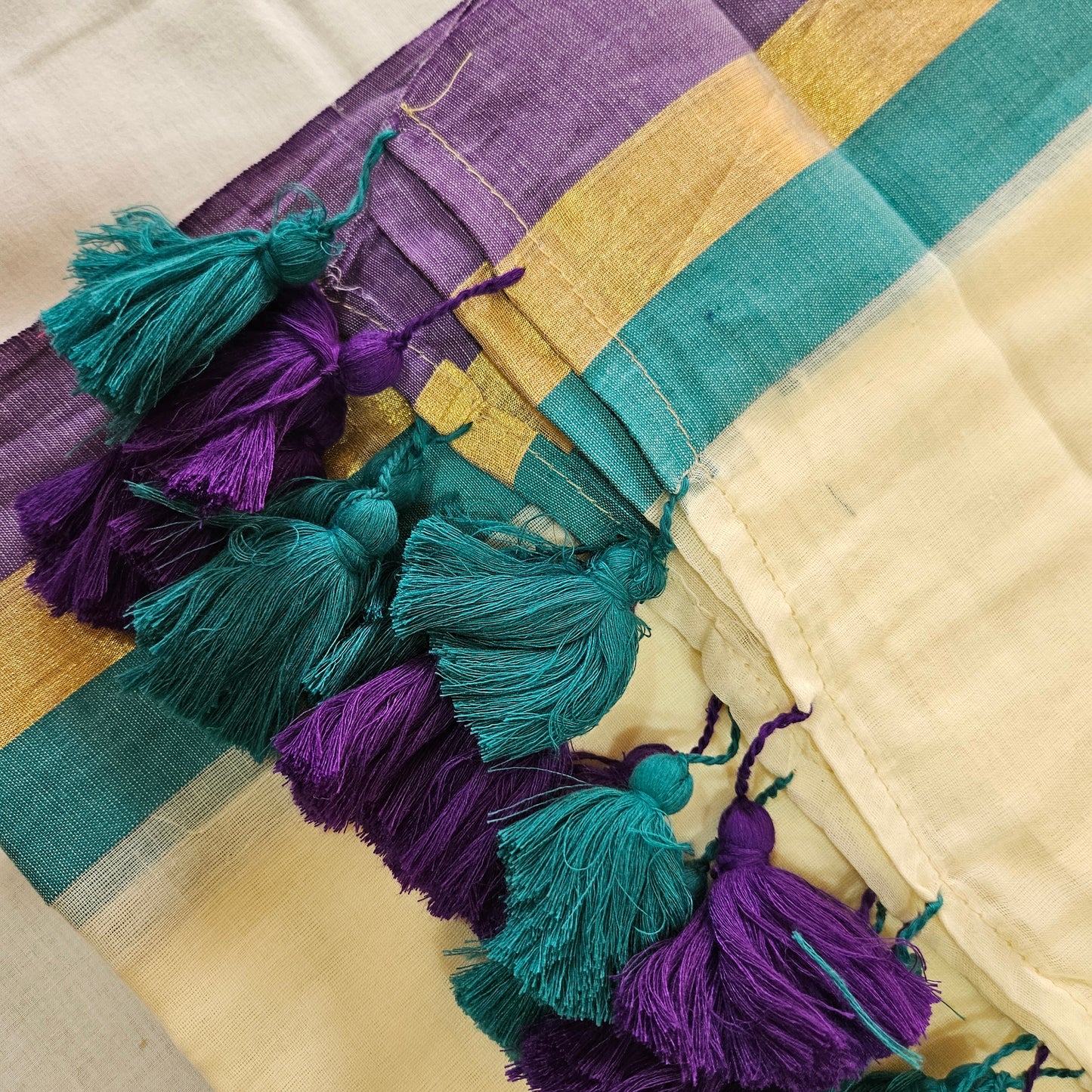 Rama Blue and Purple Border Mul Cotton 120 Count Saree