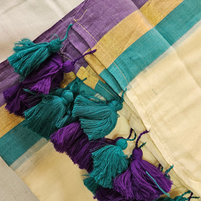 Rama Blue and Purple Border Mul Cotton 120 Count Saree