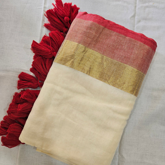 Red Golden Border Mul Cotton 120 Count Saree