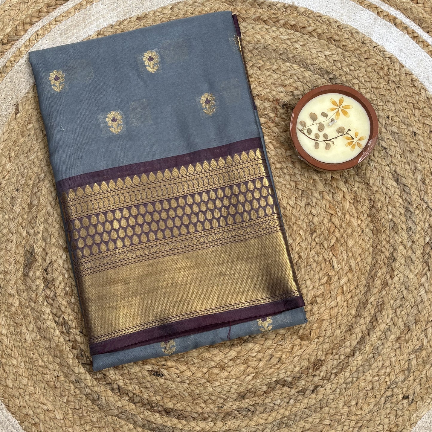 Grey Soft Silk With Maroon Border