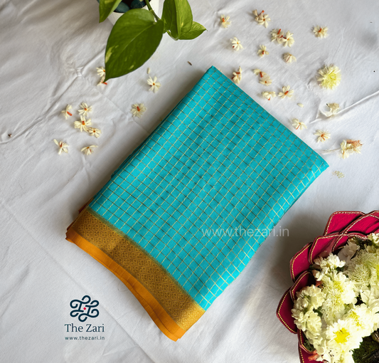 Mysore crepe silk saree in  1/2 inch checks 150 GSM - Blue, Yellow