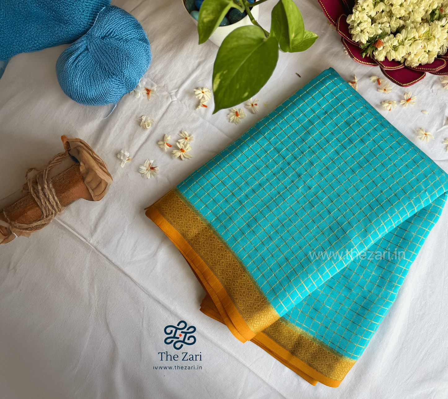 Mysore crepe silk saree in  1/2 inch checks 150 GSM - Blue, Yellow