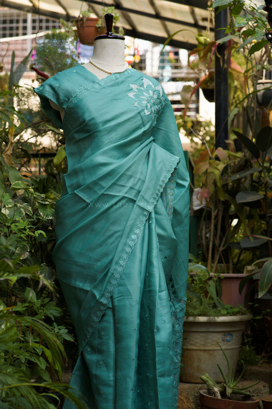 Blue Tussar Saree with Aplique work