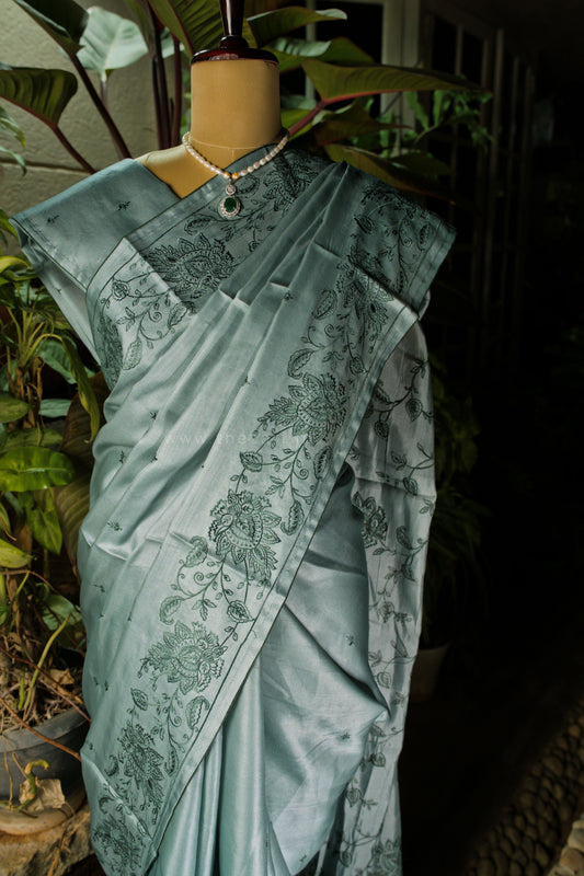 Blue Satin Tussar Saree with Kashmiri Pallu