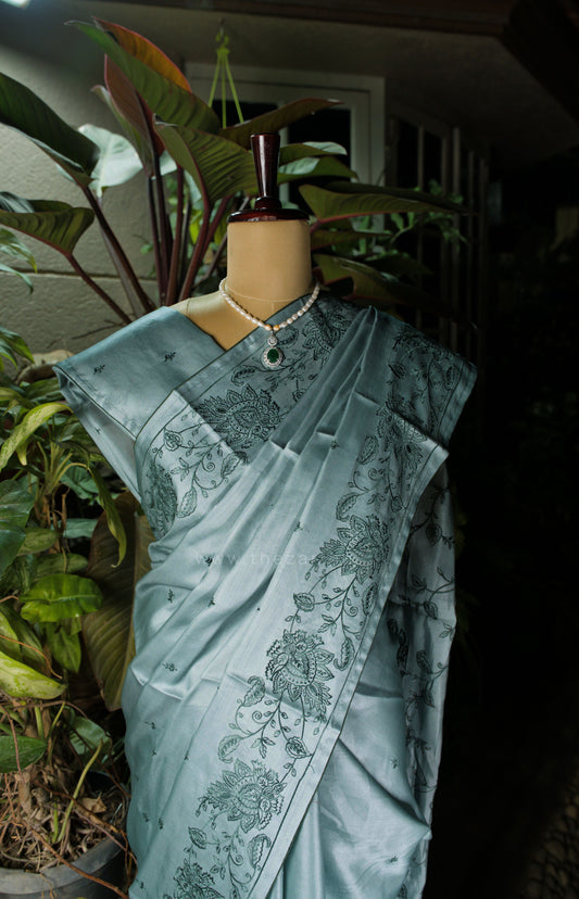 Blue Satin Tussar Saree with Kashmiri Pallu