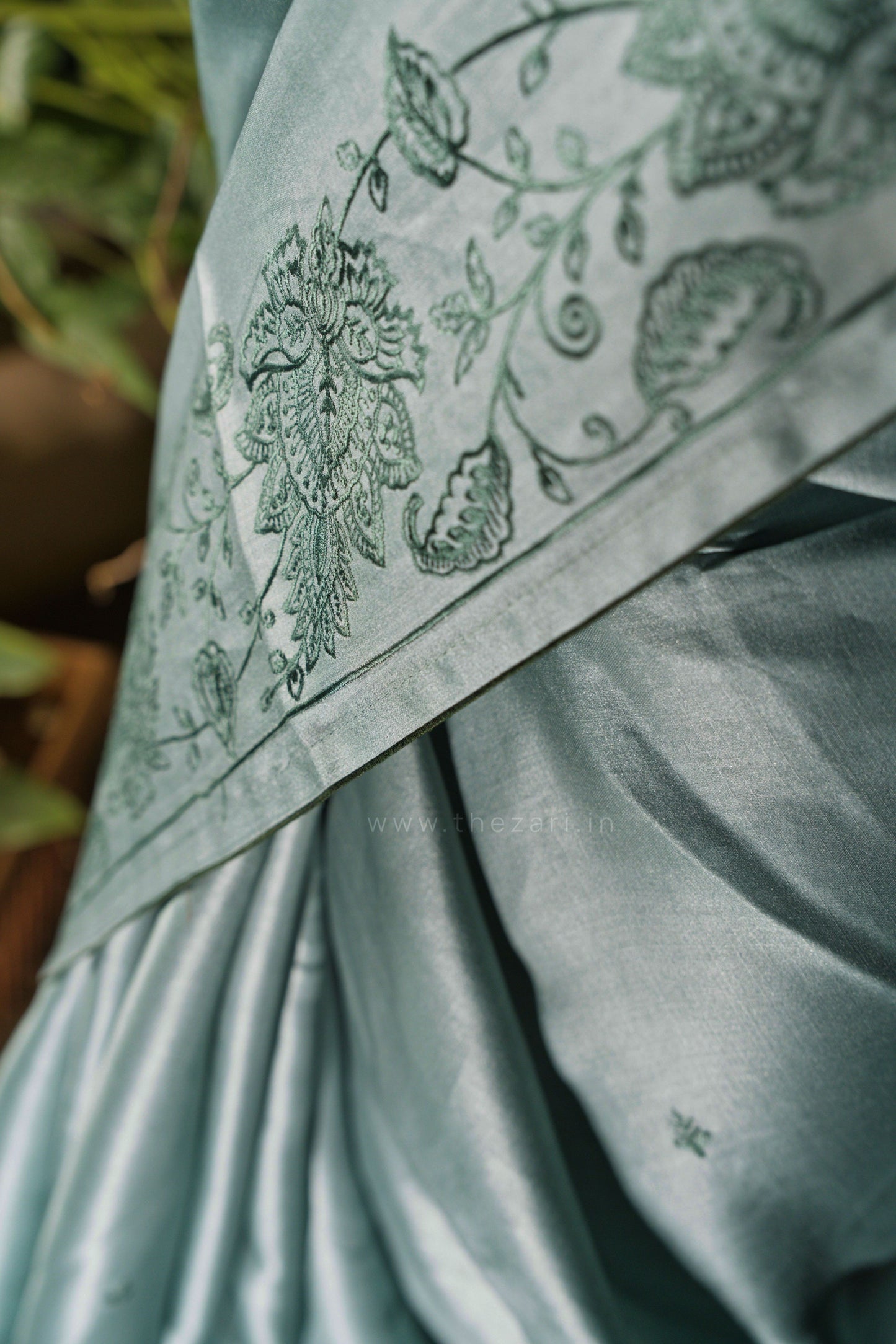 Blue Satin Tussar Saree with Kashmiri Pallu