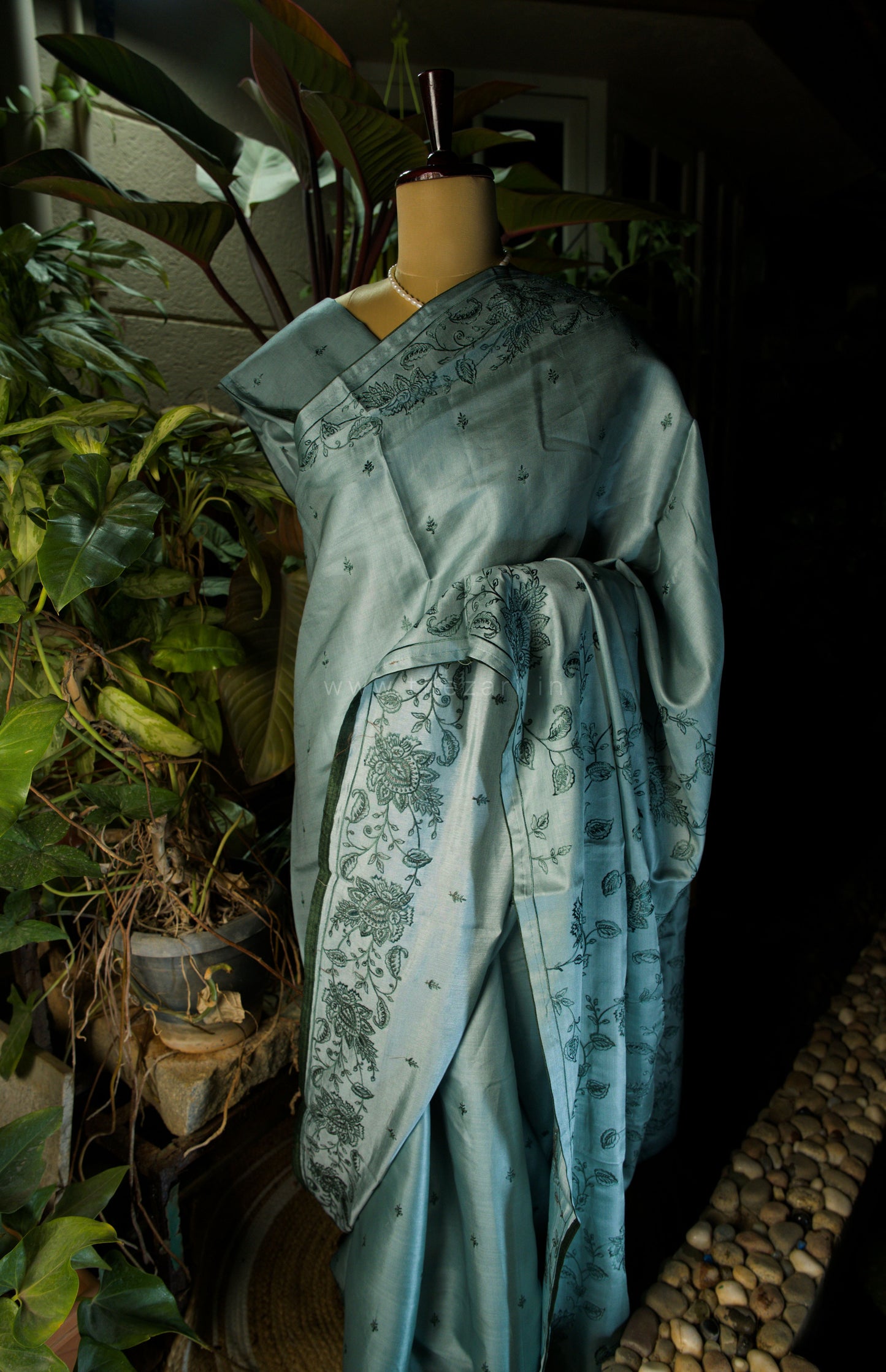 Blue Satin Tussar Saree with Kashmiri Pallu