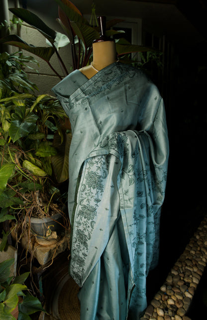 Blue Satin Tussar Saree with Kashmiri Pallu