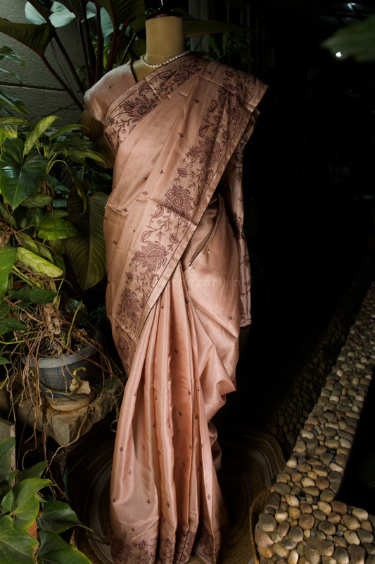 Brown Satin Tussar Saree with Kashmiri Pallu