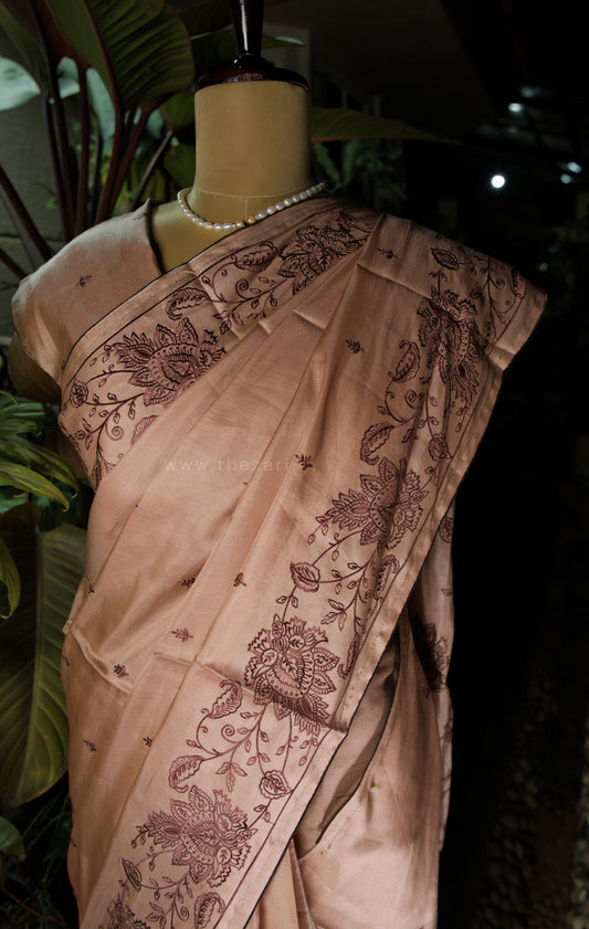 Brown Satin Tussar Saree with Kashmiri Pallu