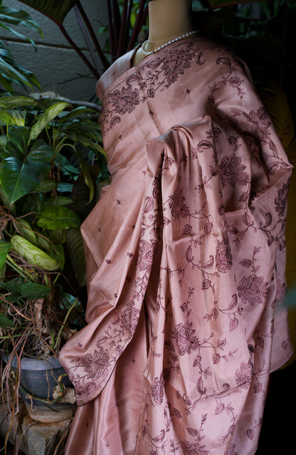 Brown Satin Tussar Saree with Kashmiri Pallu