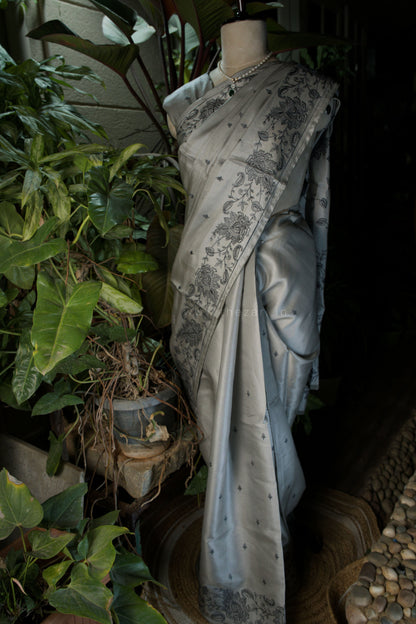 Grey Satin Tussar Saree with Kashmiri Pallu