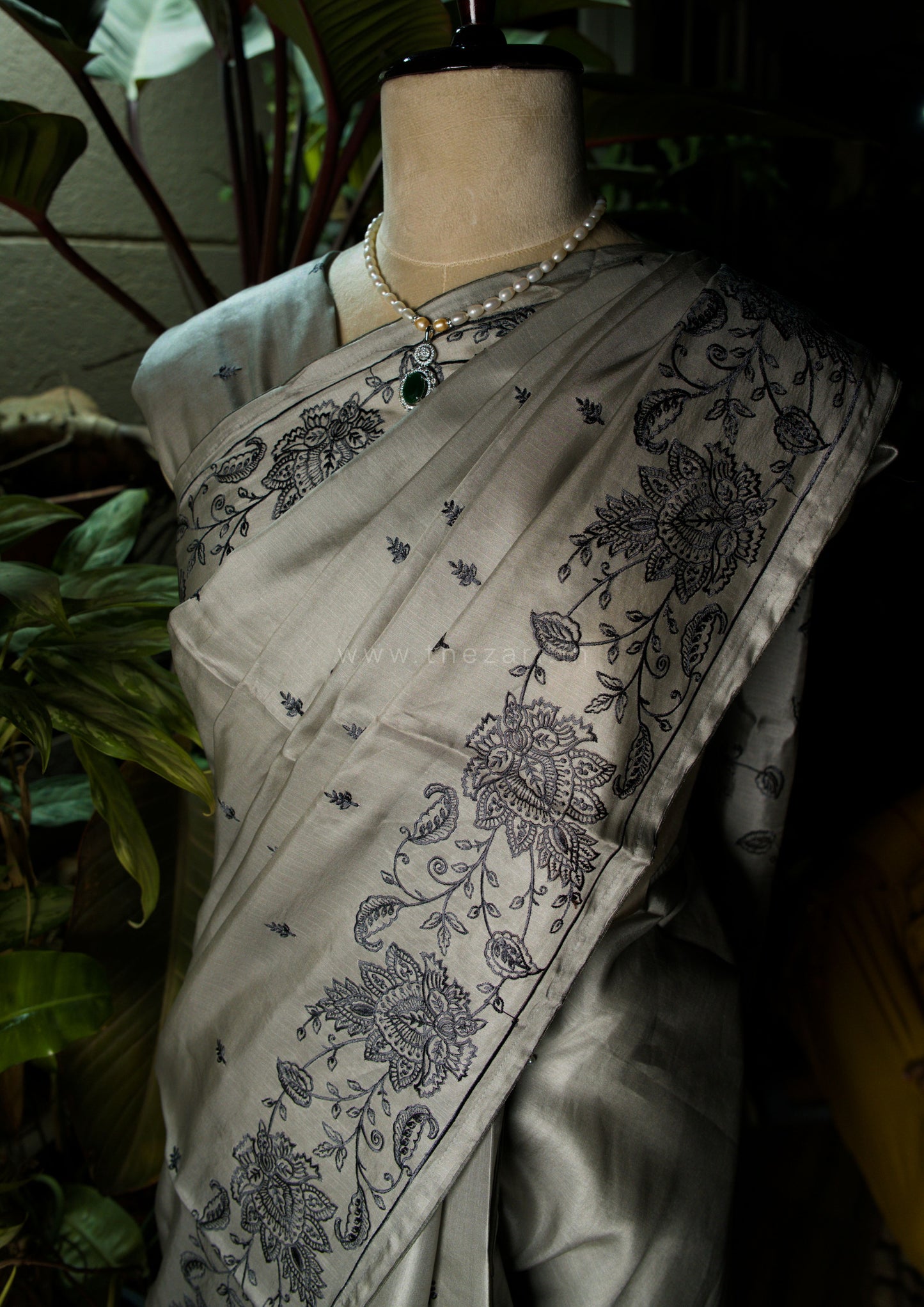 Grey Satin Tussar Saree with Kashmiri Pallu