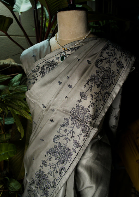 Grey Satin Tussar Saree with Kashmiri Pallu