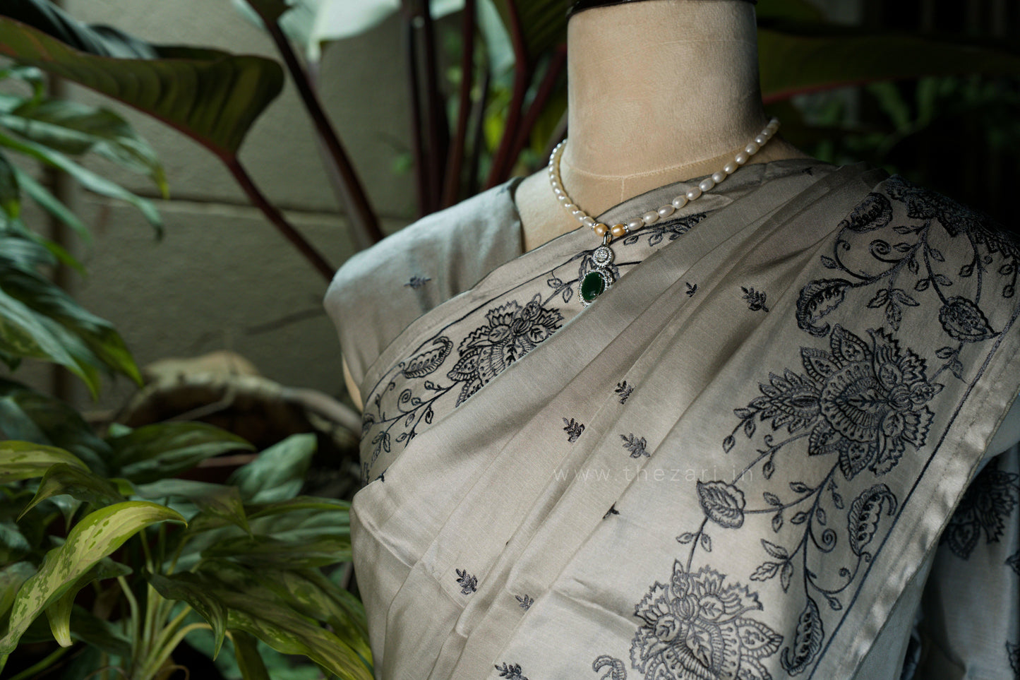 Grey Satin Tussar Saree with Kashmiri Pallu