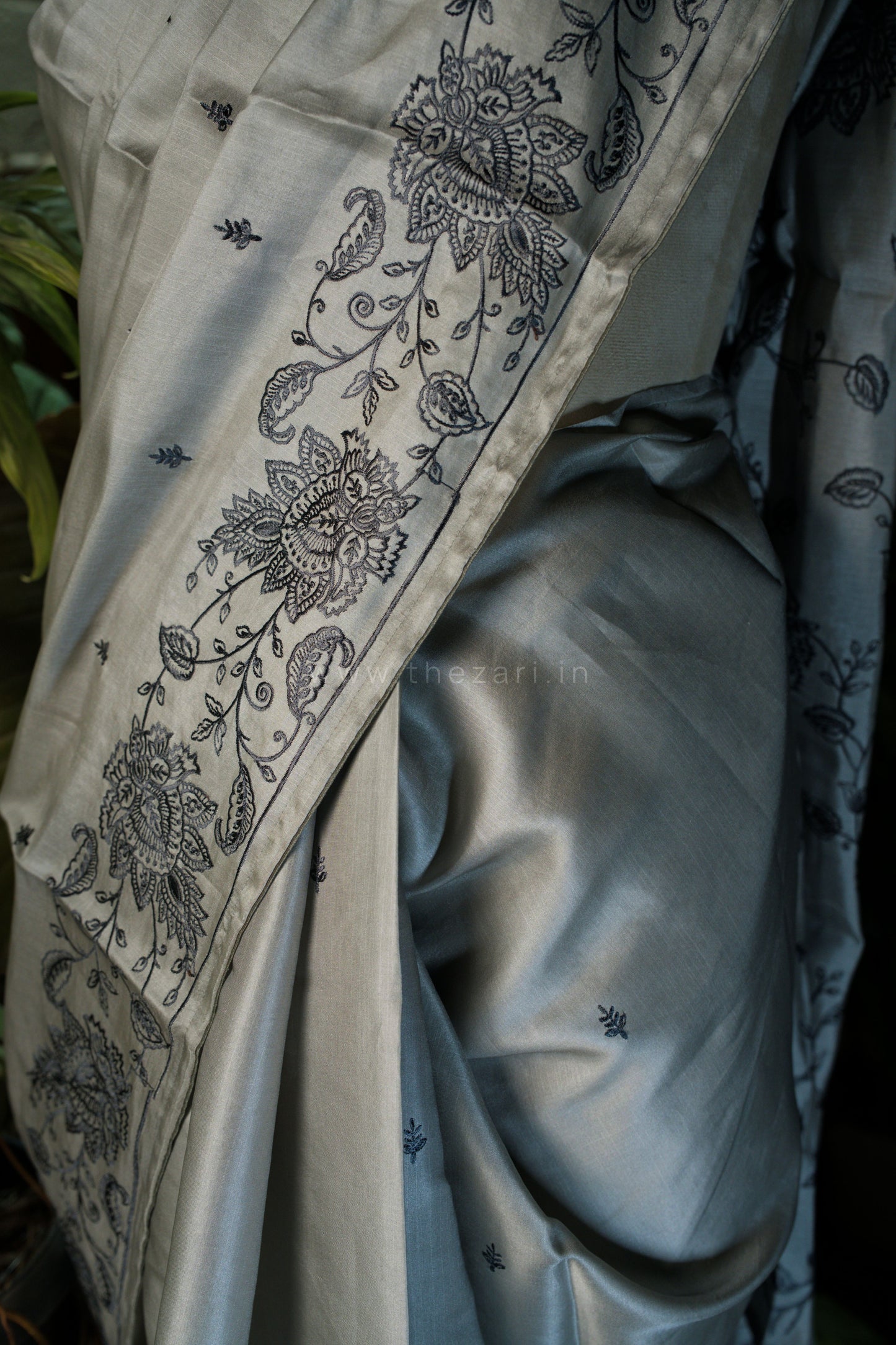 Grey Satin Tussar Saree with Kashmiri Pallu