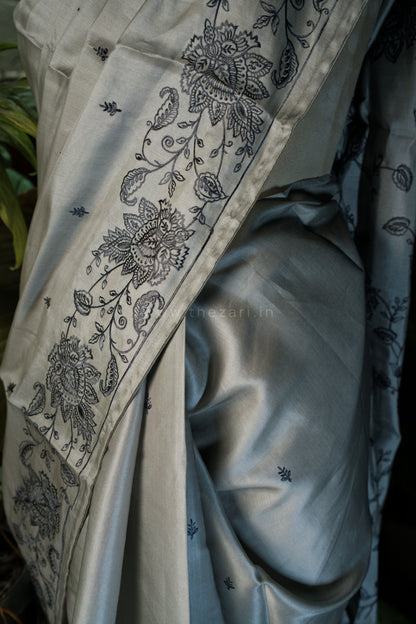 Grey Satin Tussar Saree with Kashmiri Pallu