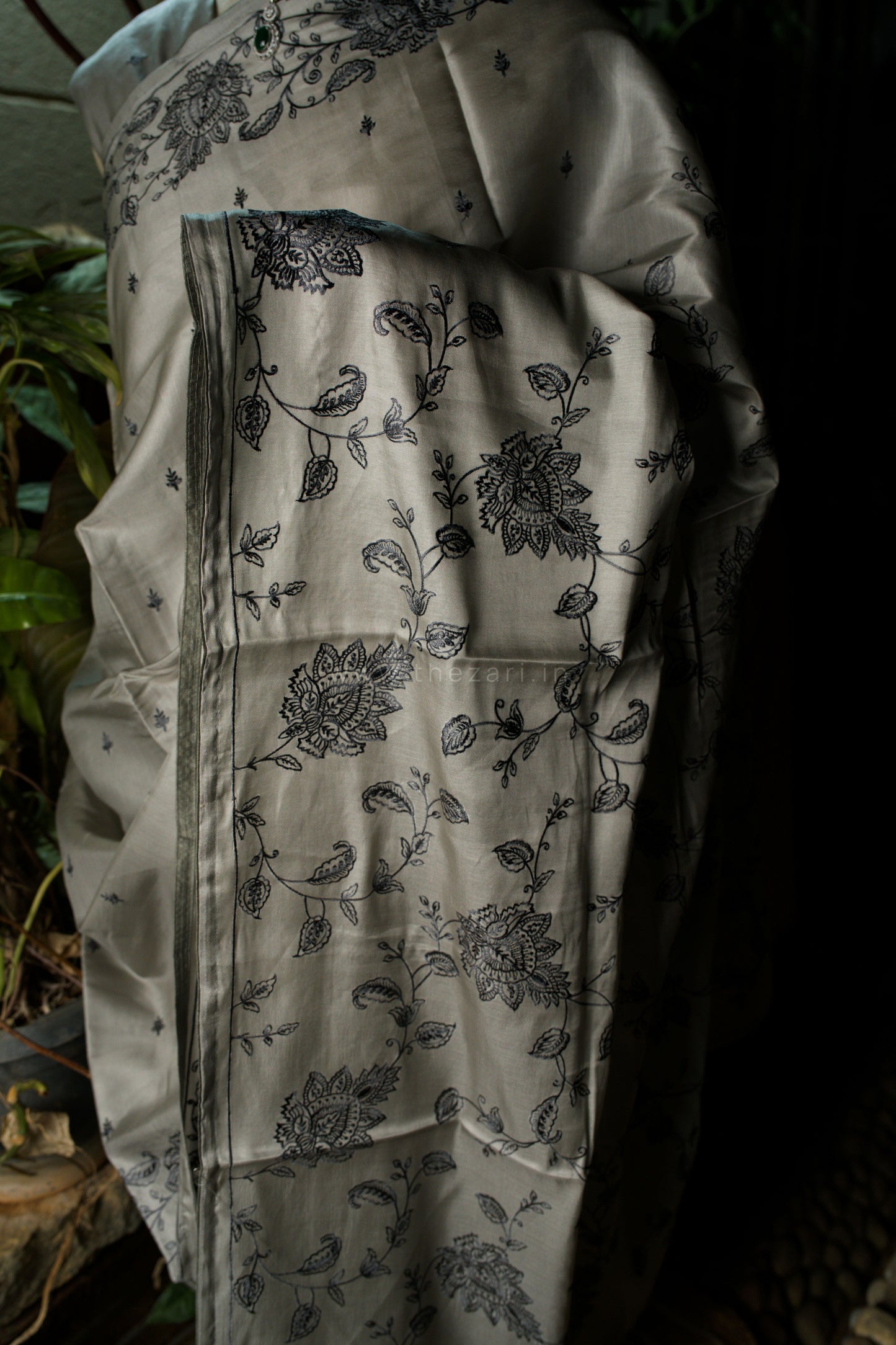 Grey Satin Tussar Saree with Kashmiri Pallu