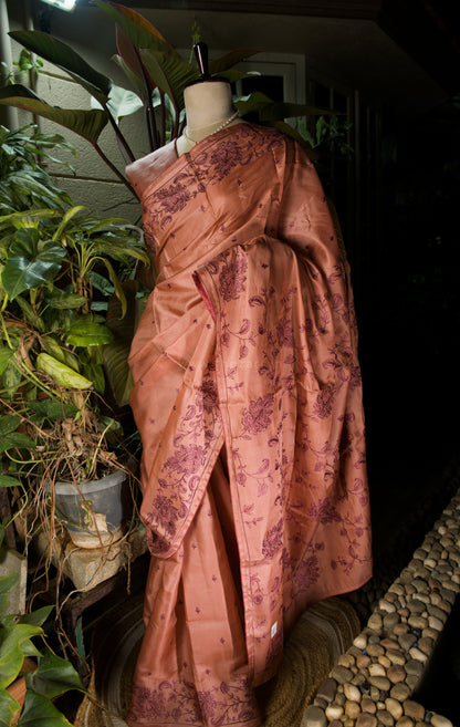 Pink Satin Tussar Saree with Kashmiri Pallu